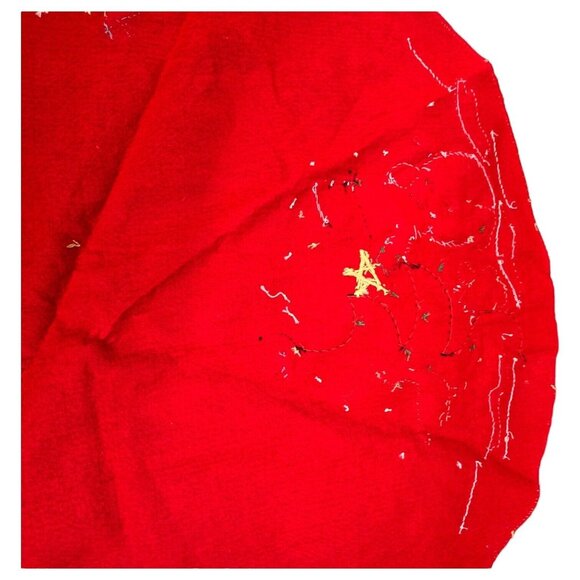 Vtg Red Felt Christmas Tree Skirt 34" Snowman Reindeer Sequin Embroidery Decor - Picture 10 of 12